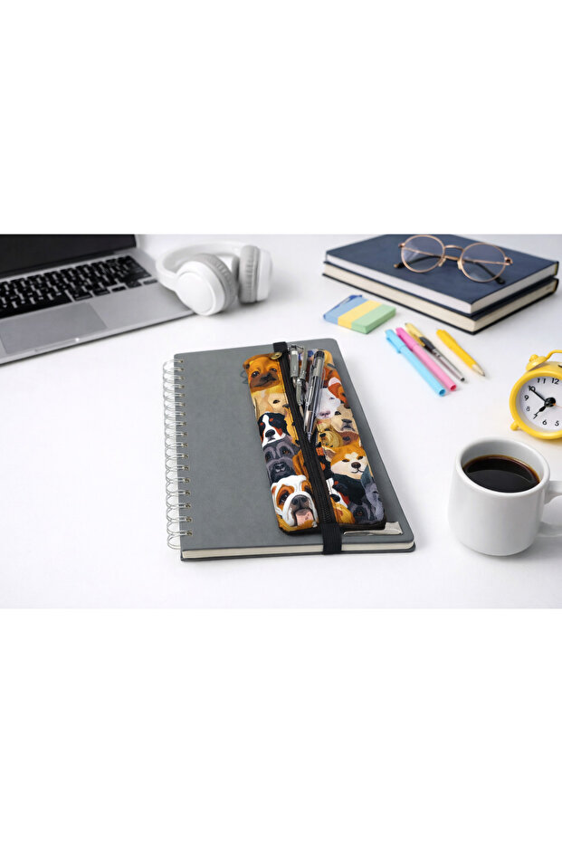 Dog Patterned Digital Print Elastic Notebook with Zippered Pen Holder