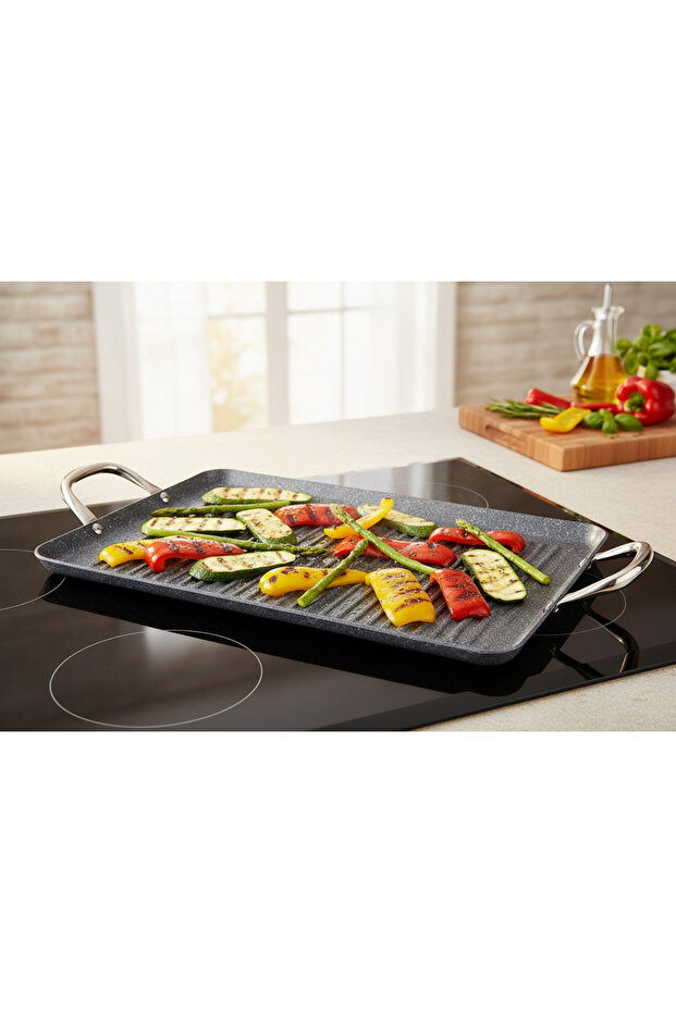Mythos Marble Double Grill Pan 48x29cm - Non-Stick, Durable, Fixed Handle