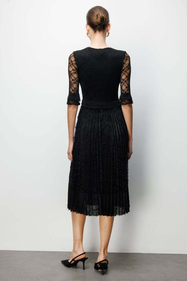 Desenli Dantelli Maxi Elbise - 4