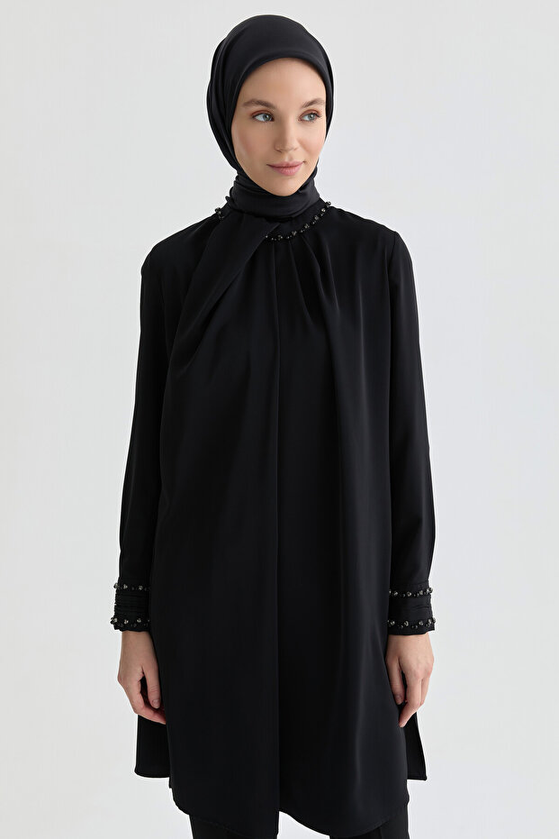 İşlemeli Pileli Tunik - Siyah - 4