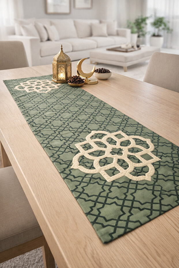 Runner - Punch Embroidered Runner - 40*140 cm Mold Green Motif - Pnr001