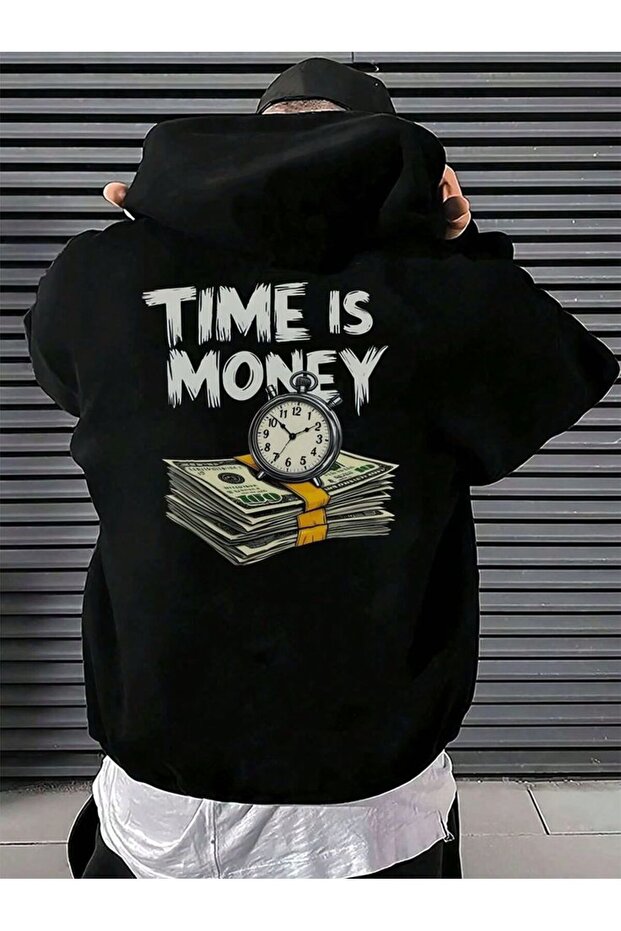 Time Is Money Printed Oversize Unisex Hoodie, 100% Cotton 3 Thread Hooded Sweatshirt