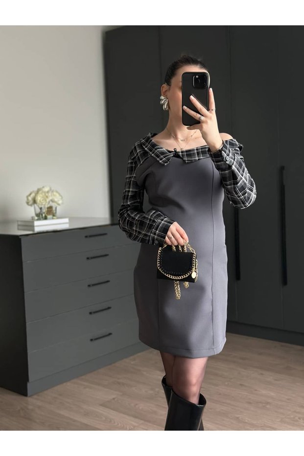 Asymmetric Collar Plaid Detailed Dress