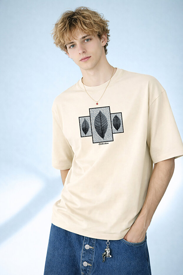 Men's Triple Leaf Illustration Printed Crew Neck Beige T-Shirt