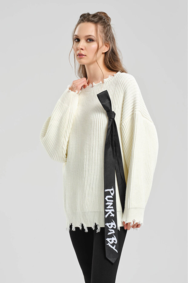 Women's Knitwear Tie Detailed Design Tunic Sweater