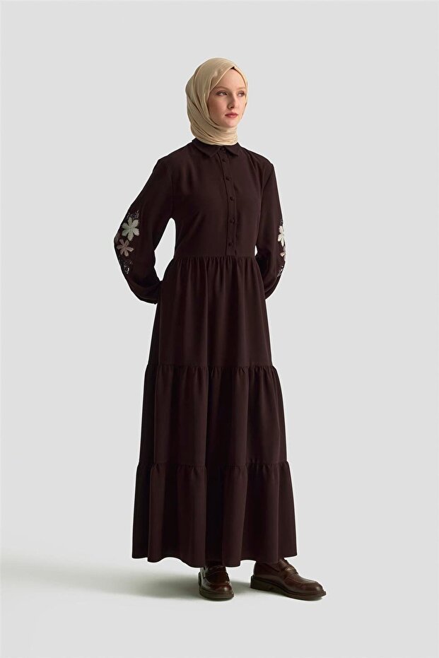 Embroidered Layered Dress 25Kd1121 Brown