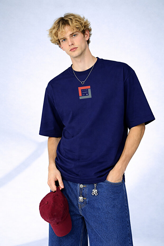 Men's Life Loop Hi Printed Geometric Patterned Crew Neck Navy Blue T-Shirt
