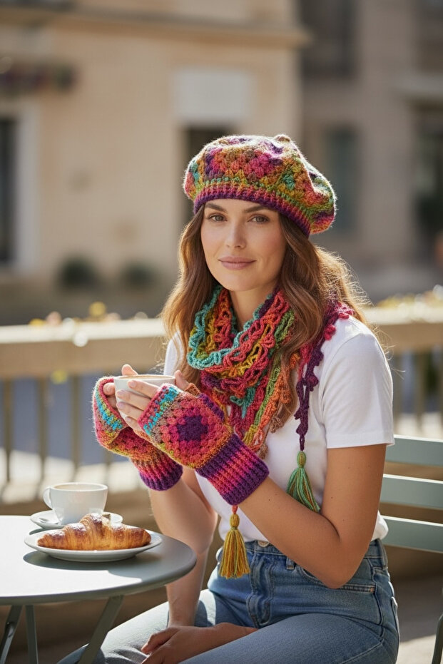 Knitted Color-Gradient, Sparkling Bohemian Painter's Beanie & Neck Gaiter & Fingerless Gloves Set