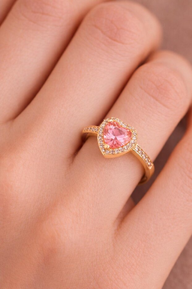 Stainless Steel Gold Color Pink Stone My Love Heart Ring