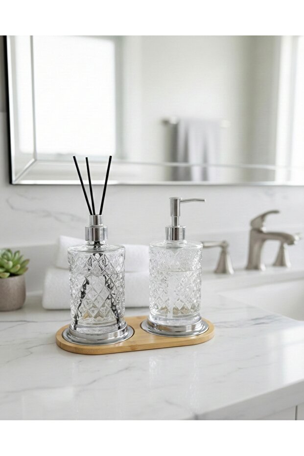 Crystal Glass Scent Dispenser + Crystal Glass Liquid Soap Dispenser + Bamboo Tray