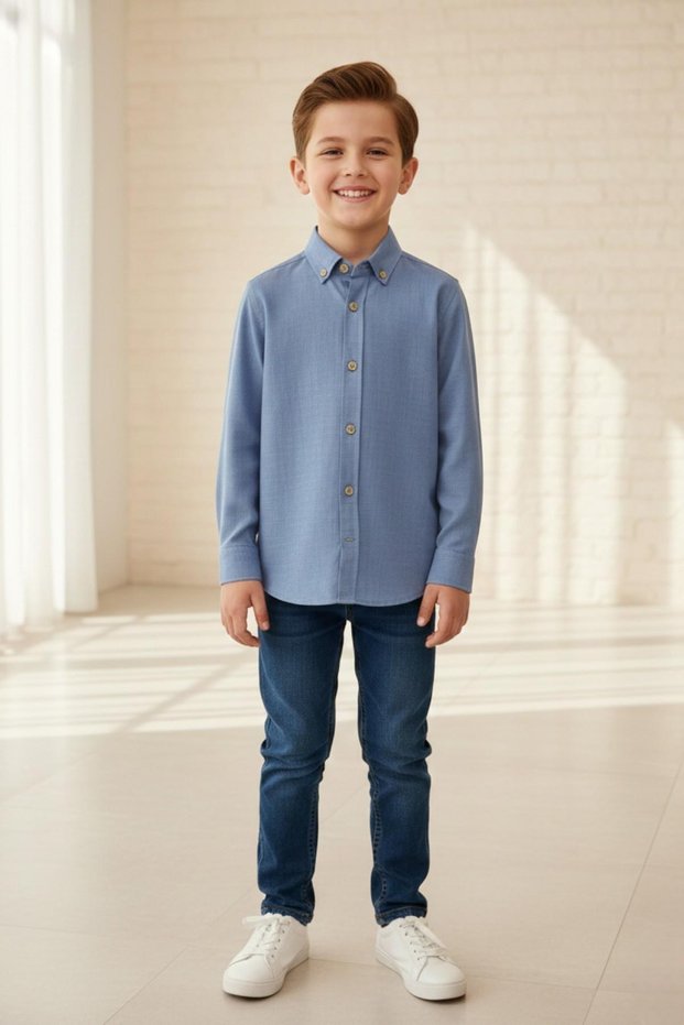 Woorage Boys' 5-14 Years Old Bone Button Cotton Linen Shirt Blue