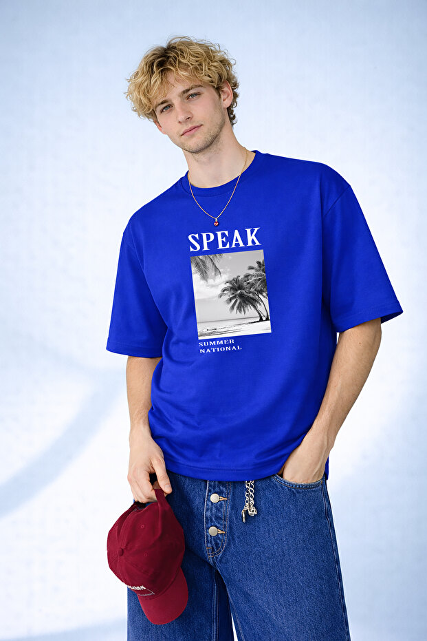 Men's Speak Summer National Printed Palm Pattern Crew Neck Cobalt Blue T-Shirt