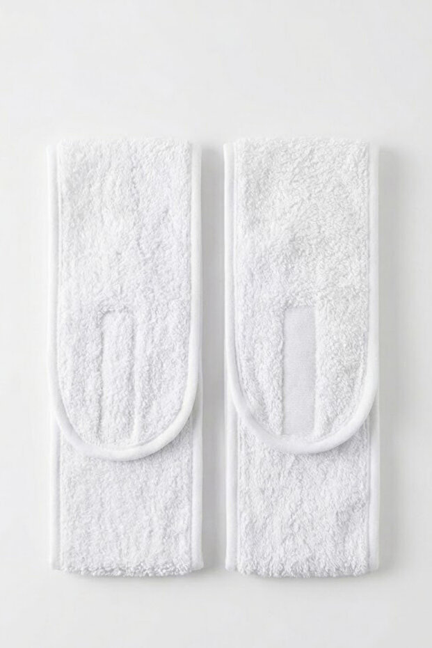 2-Piece Towel Hair Band Set 100% Cotton Adjustable Velcro Makeup and Spa Headband - White Color