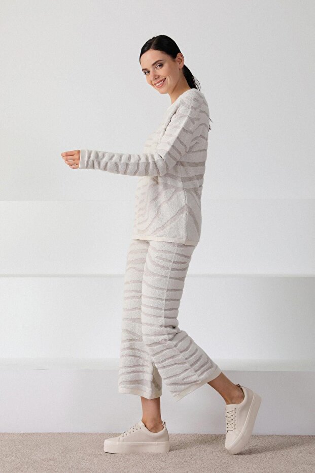 Beige/Ecru Zebra Patterned Women's Knitwear Trousers