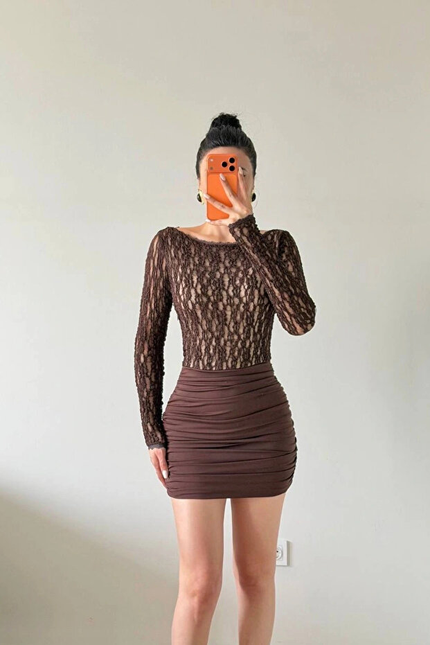 Women's Coffee Color Low-Cut Lace Dress 1041-2767