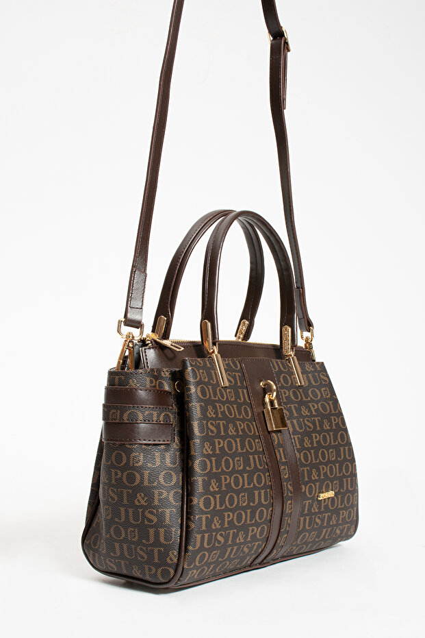Lock Detailed, Gold Accessory, 4 Compartment Women's Shoulder Bag 2201 Coffee
