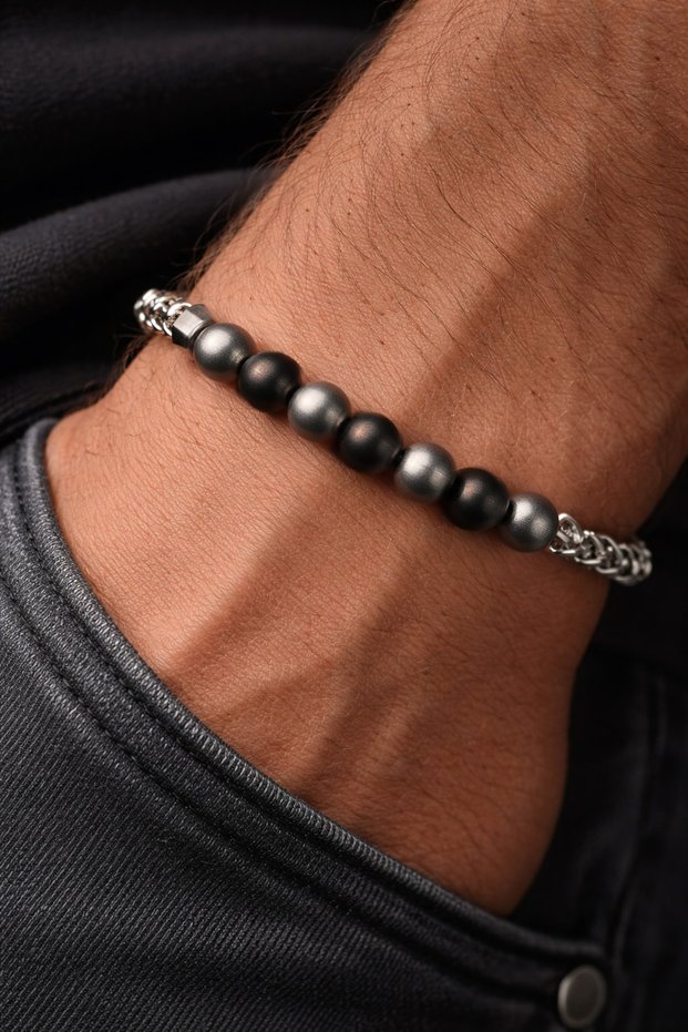 Men's Steel Bracelet Black Shiny Steel Bead Sphere Spiga Model Chain Bracelet