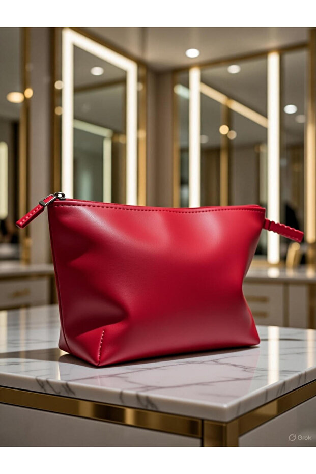 Red - Leather Triangle Large (32X18X8) Makeup, Travel, Storage, Handbag
