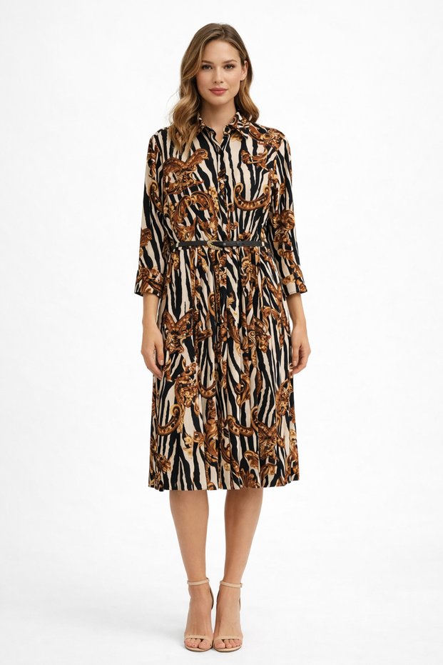 Midi Patterned Dress with Pleated Skirt and Belt