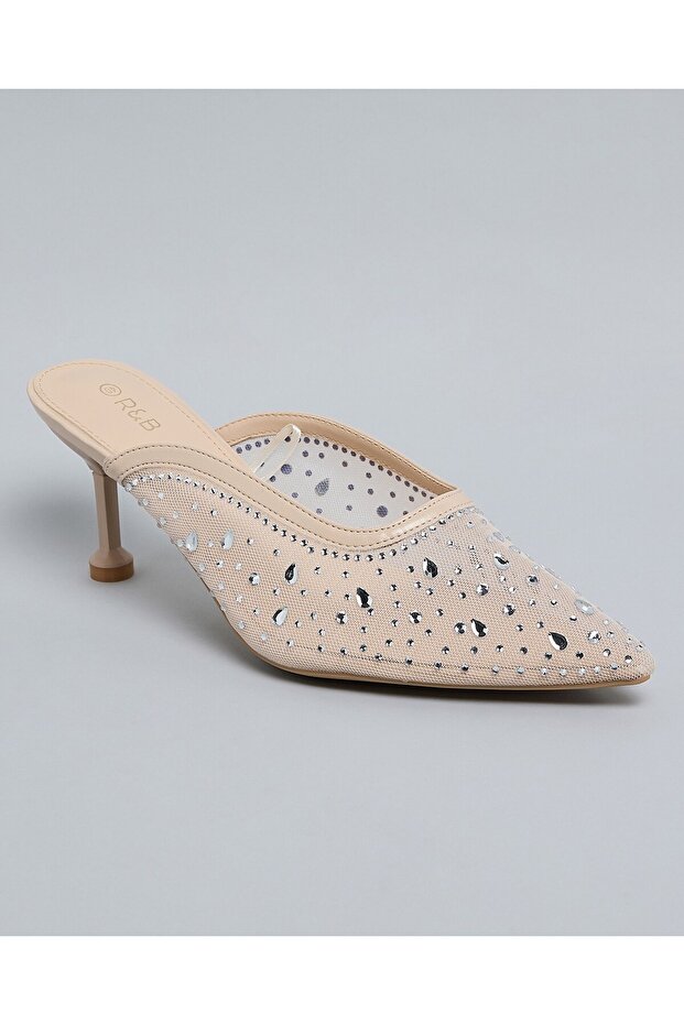 Women Beige Embellished Mule Pumps