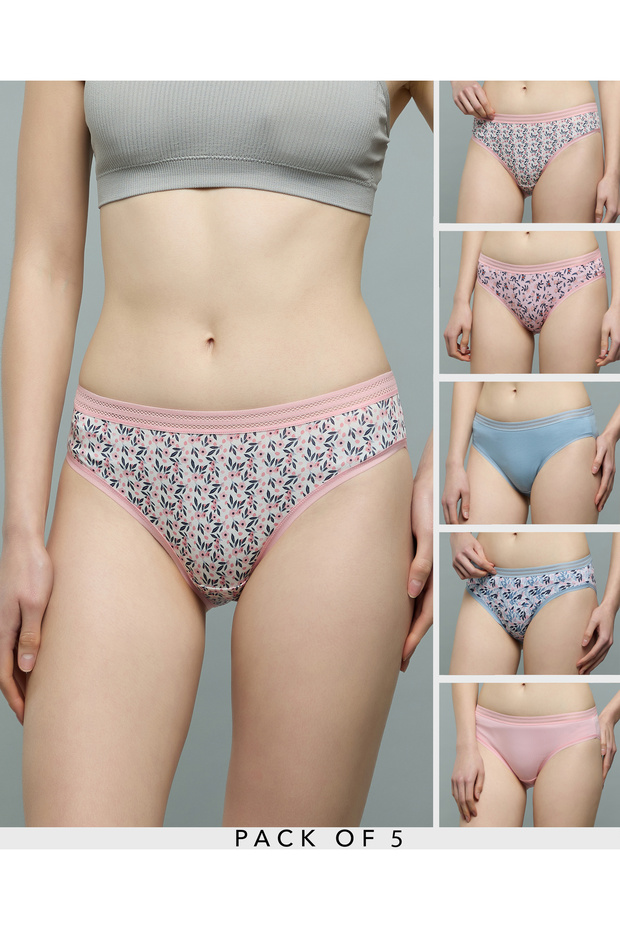 Women Pink 5 Pack Printed Bikini Briefs