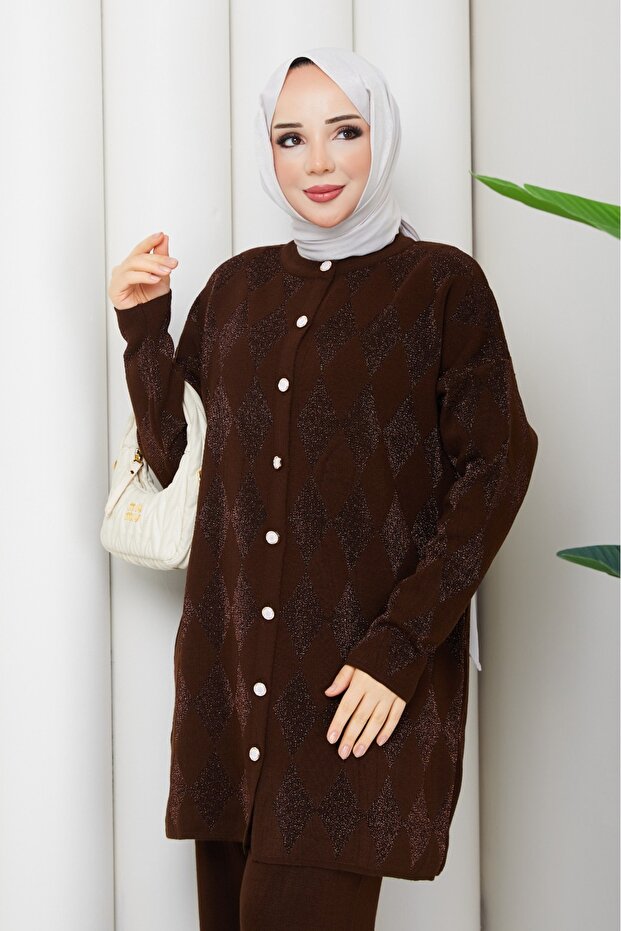 Women's Buttoned Glittery Knitted Tunic Trouser Set