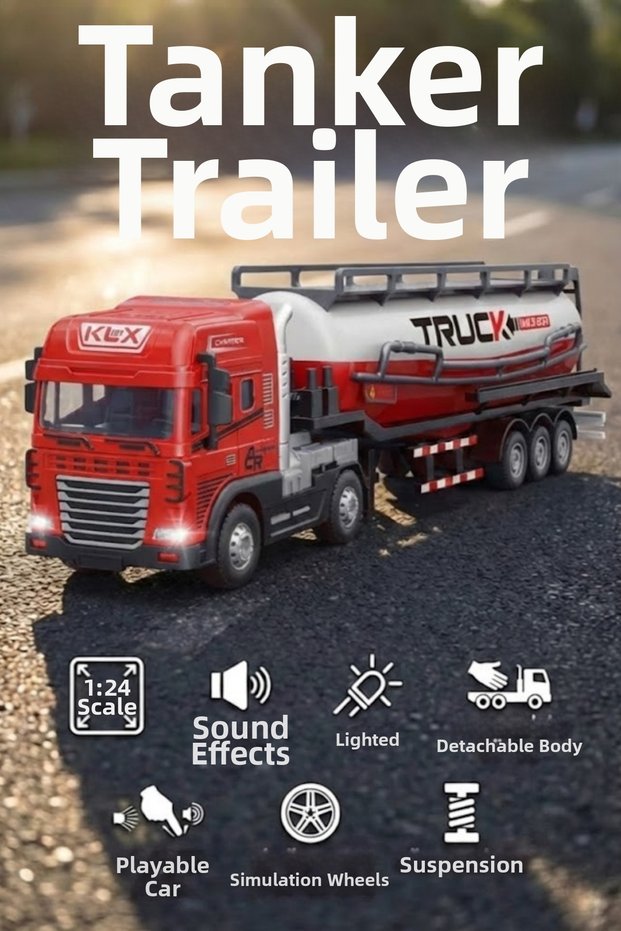 1:24 Scale Diecast Metal Head Light and Sound Toy Tanker Truck - Detachable Dorseli Model Car