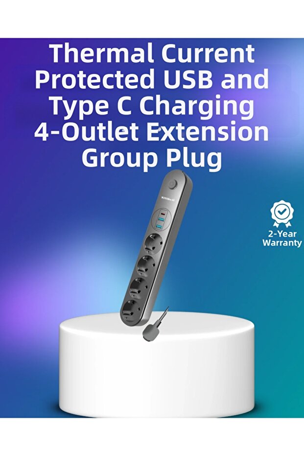 مقبس كهربائي متعدد 4 منافذ مع 2 منفذ USB من النوع C، مقاوم للتيار، أسود اللون - 1