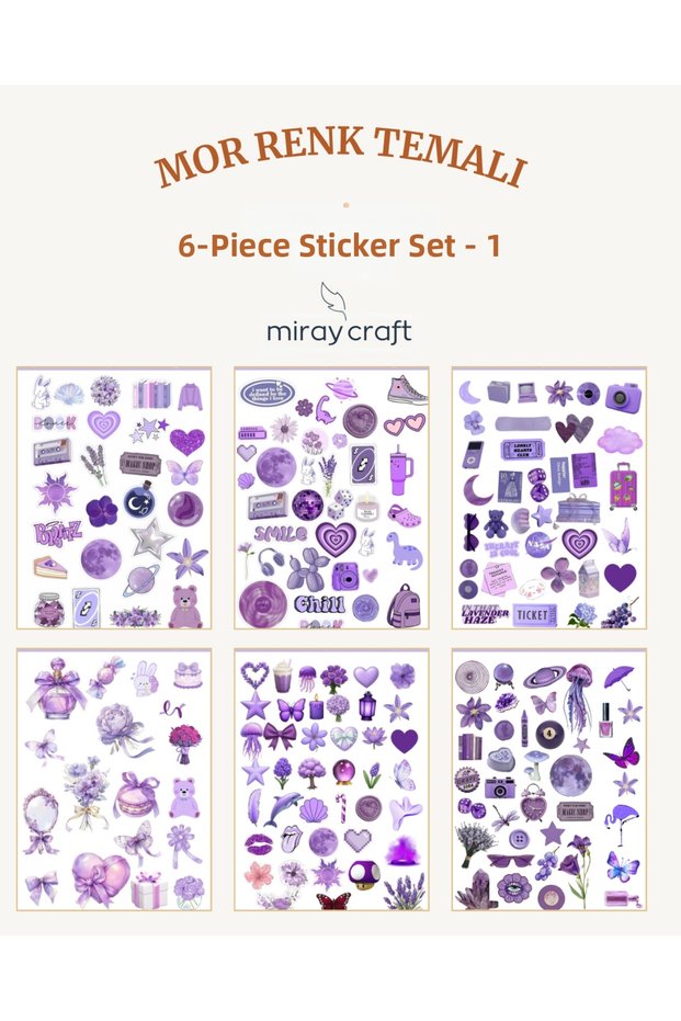 6 Sheets Purple Color Themed Sticker Set (12*17 cm)/For Scrapbook, Bullet Journal, Planner