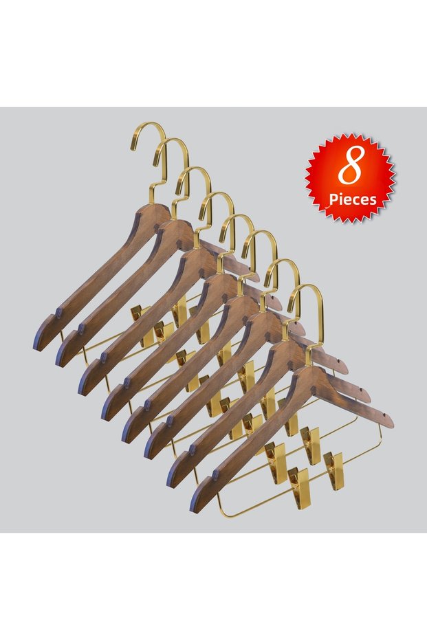 Wooden (Lama Gold Hook) Hangers with Latches for Shirts, Skirts, and Trousers, Walnut Color, 8 Pieces