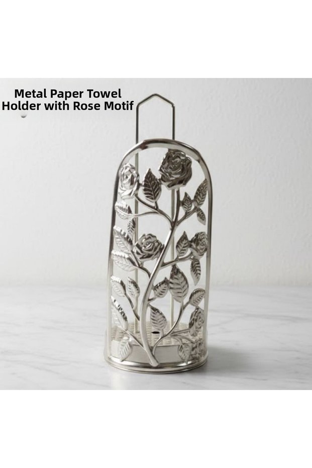 Metal Rose Motif Paper Towel Holder |   Decorative Countertop Paper Towel Holder 30 cm