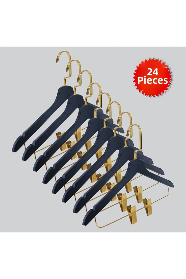 Wooden (Gold Kanca Lama) Latched Shirt and Skirt Hangers Black Color 24 Pieces