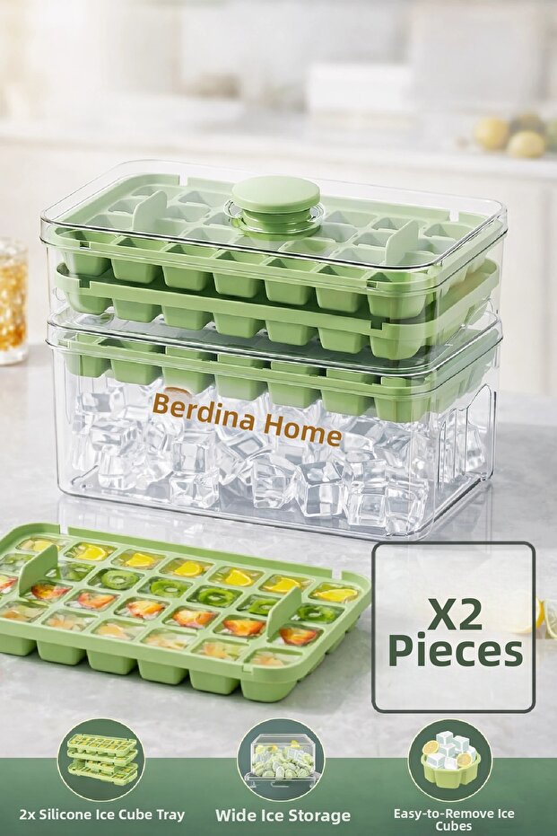 2-Piece New Generation Pressed Double Ice Mold Ice Box – Ice Cube with Storage Box with Lid and 56 Compartments