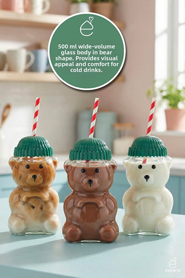 3-Piece Barista Glass Cold Drink Cup with Teddy Bear Design 500 ml Cute Glass Mug with Lid