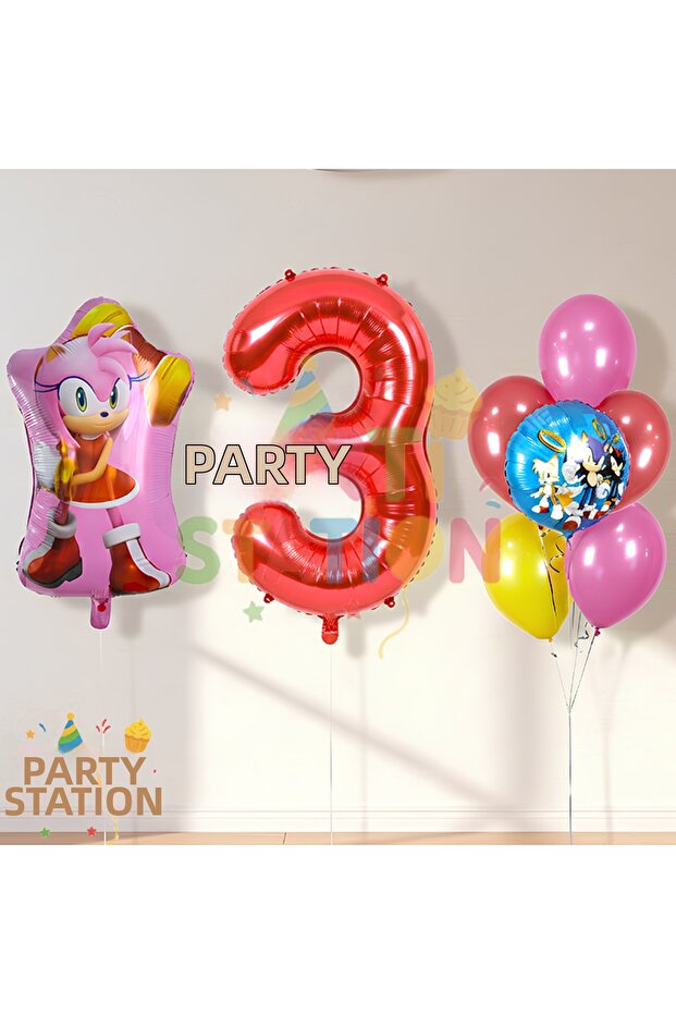 Sonic and Amy Themed 3Rd Birthday Balloon Set 8 Pieces