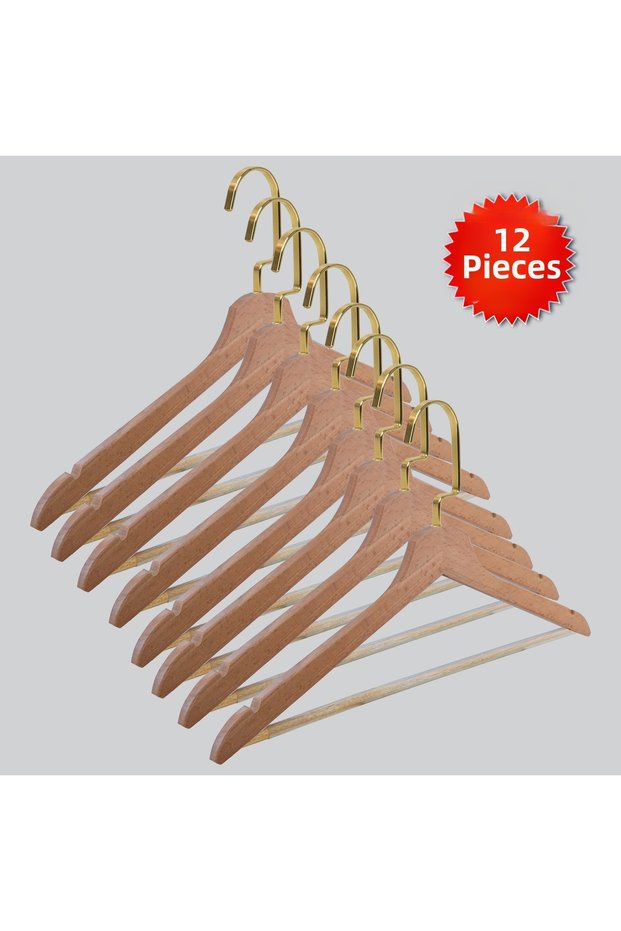 Wooden (Gold Lama Hook) Bar Hanger for Shirts and Trousers, Natural Color, 12 Pieces
