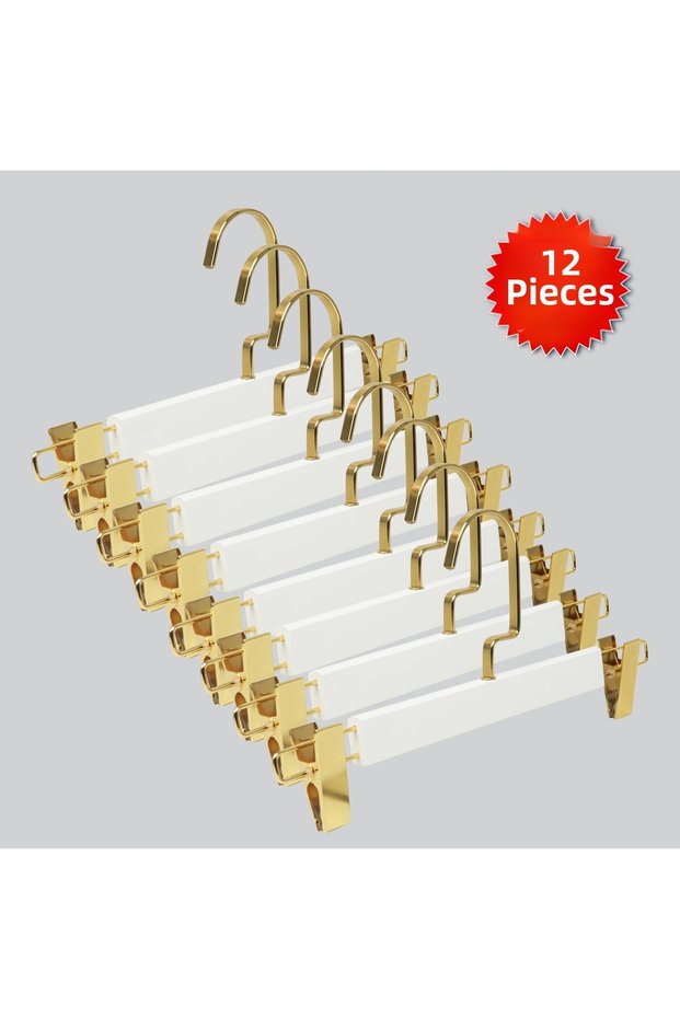 Wooden (Gold Hook Lama) Pants and Skirt Hangers with Latches, White Color, 12 Pieces