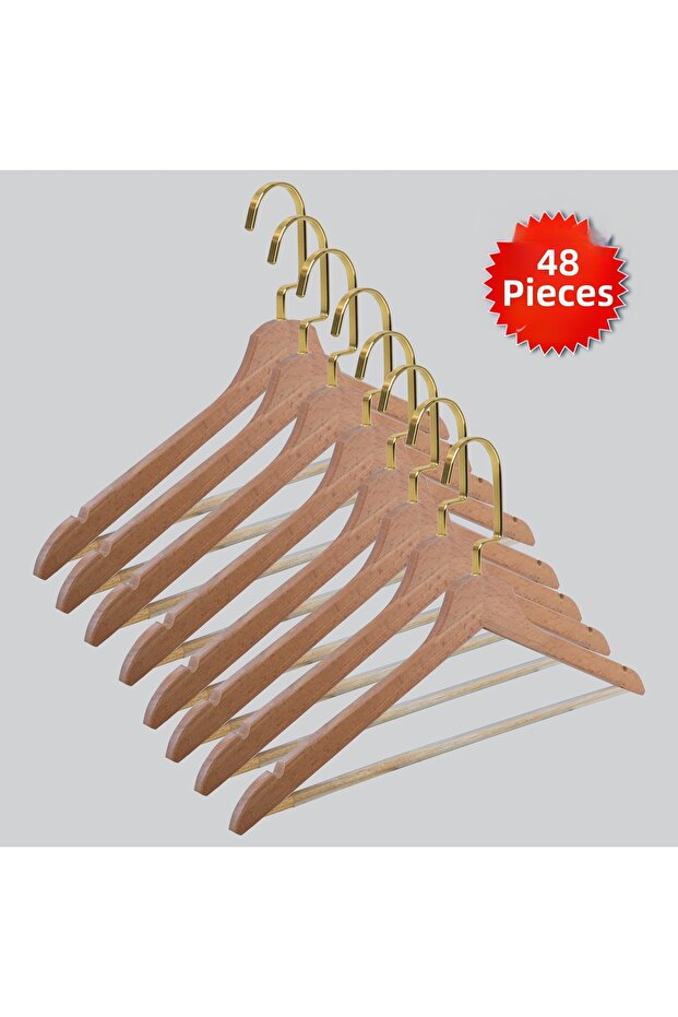 Wooden Lama Gold Hook Barli Trouser Hanger Natural Color 48 Pieces