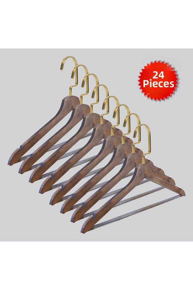Wooden (Lama Gold Hook) Bar Hanger for Shirts and Trousers, Walnut Color, 24 Pieces