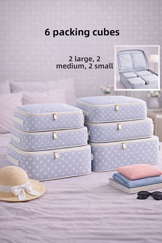 6 Piece Polka Dot - Travel Suitcase Organizer Set Without Mesh - Pouch and Bag Set