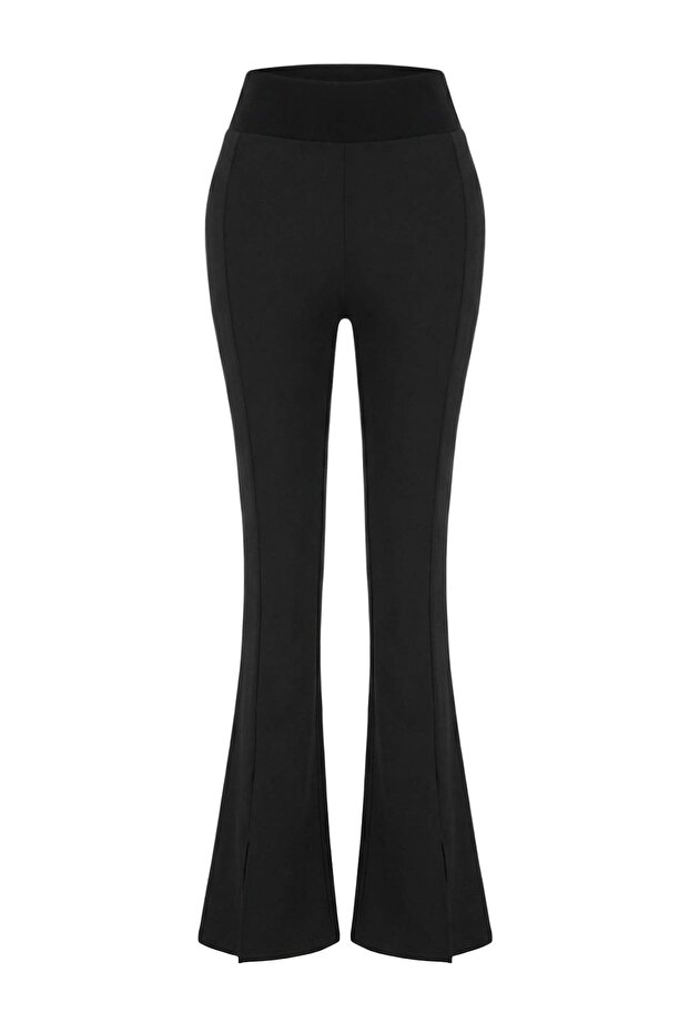 Siyah Yırtmaçlı Fırçalı Soft Kumaş İspanyol Paça Örme Spor Tayt THMSS26EA00004 - 5