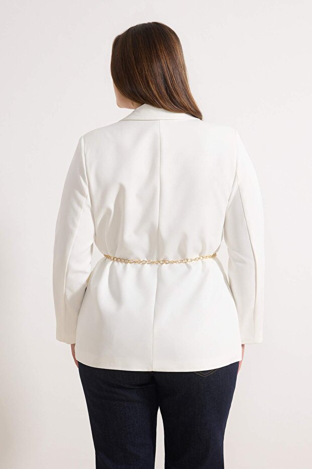 Ekru Gold Kemerli Astarlı Büyük Beden Ceket / Blazer TBBSS26AG00005 - 4