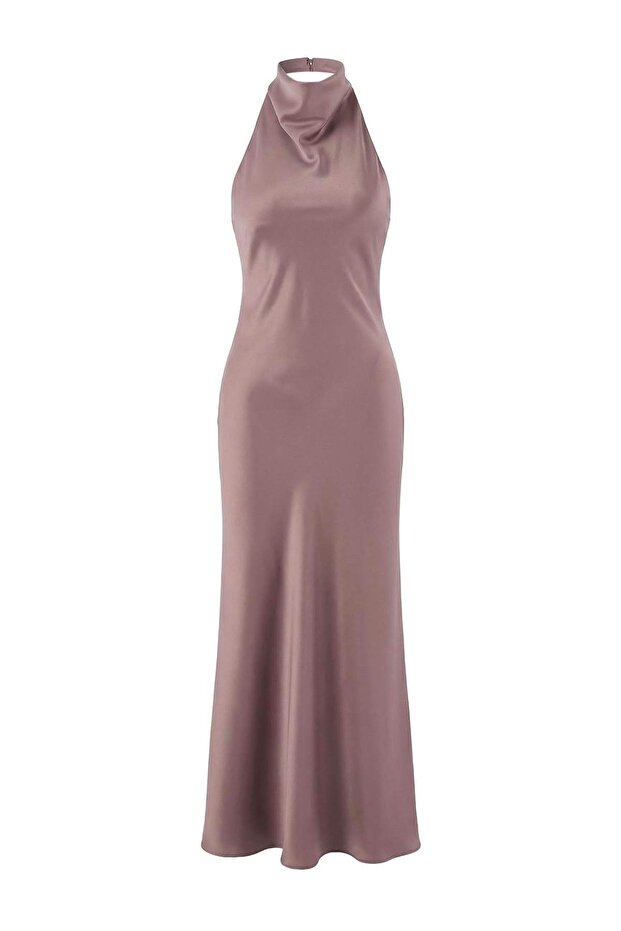 Limited Edition Vizon Saten Degaje Yaka Dokuma Şık/Gece Elbise TPRSS26EL00020 - 4