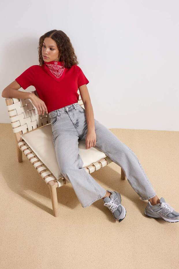 Gri Yüksek Bel Wide Leg Geniş Paça %100 Pamuk Non-Stretch Jeans TWOAW25JE00178 - 2