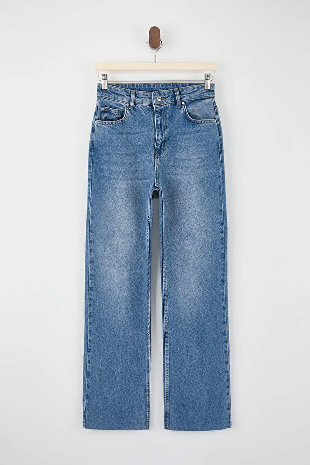 Mavi Kesik Paça Yüksek Bel Az Esnek Straight Düz Kesim Jeans TWOSS26JE00094 - 5