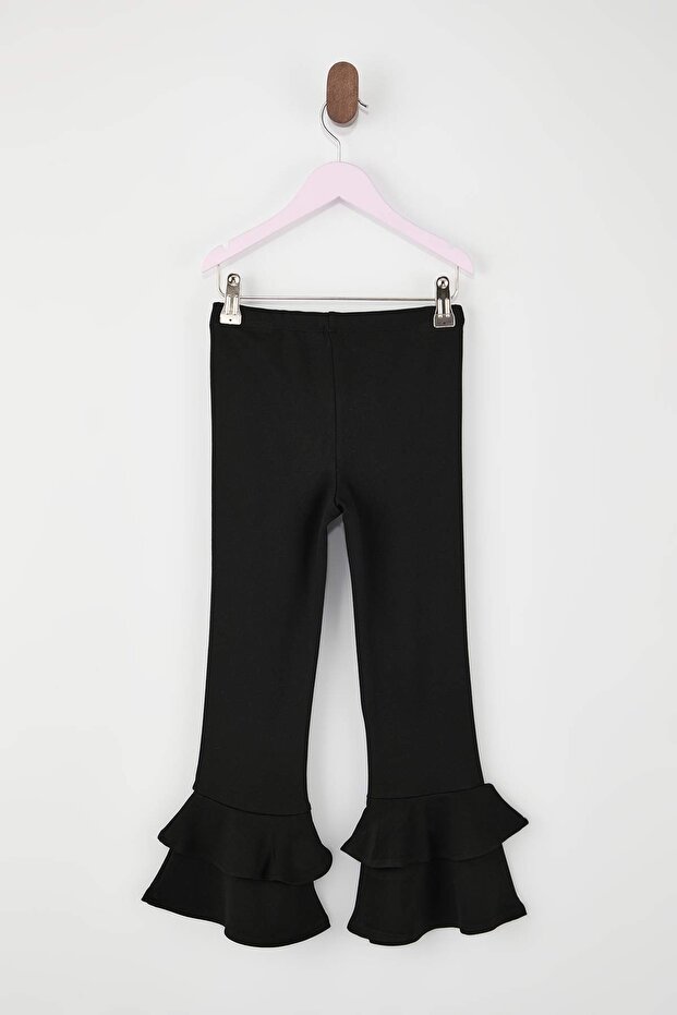 Siyah Kız Çocuk Fırfırlı İspanyol Paça Düz Örme Pantolon TKDSS26PL00004 - 4