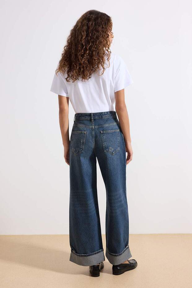 Koyu Mavi Katlı Paça Normal Bel Loose Baggy Jeans TWOSS25JE00001 - 4