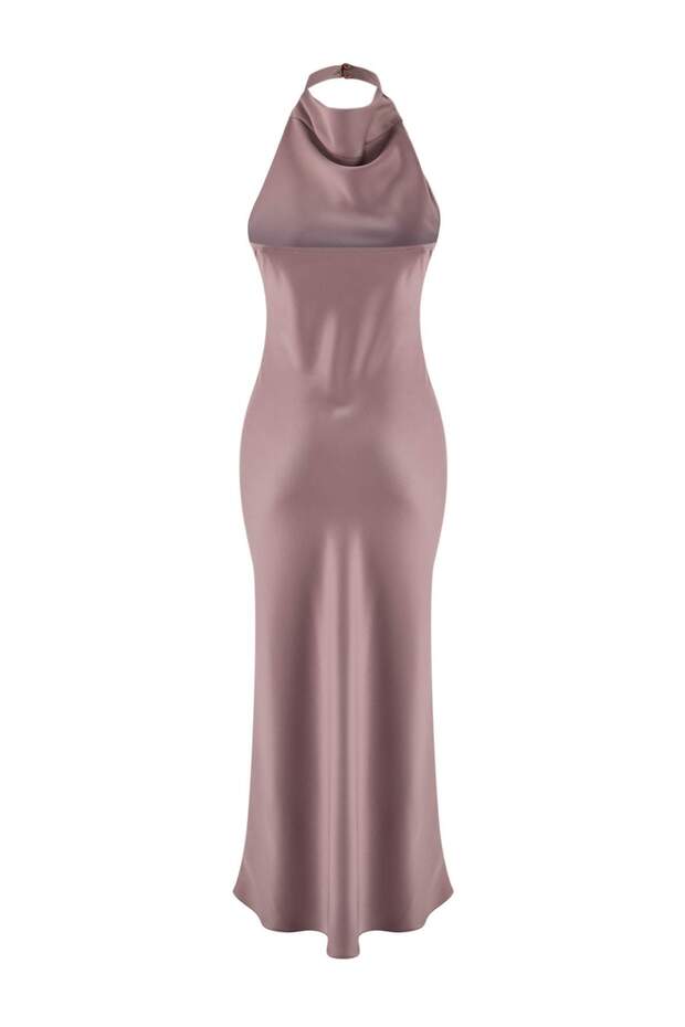 Limited Edition Vizon Saten Degaje Yaka Dokuma Şık/Gece Elbise TPRSS26EL00020 - 5