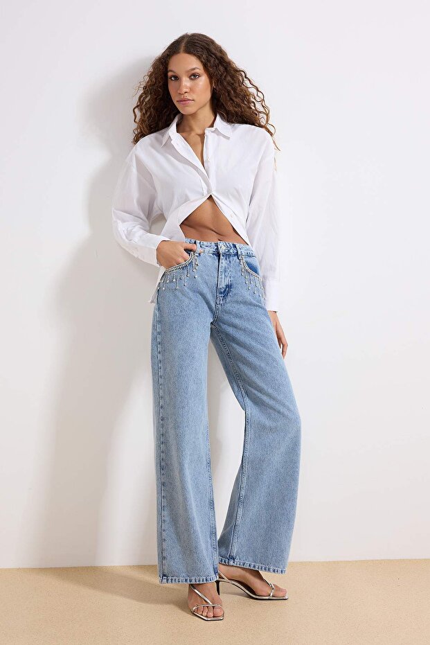 Mavi Taşlı Aksesuar Detaylı Yüksek Bel Wide Leg Jeans TWOSS23JE00204 - 1