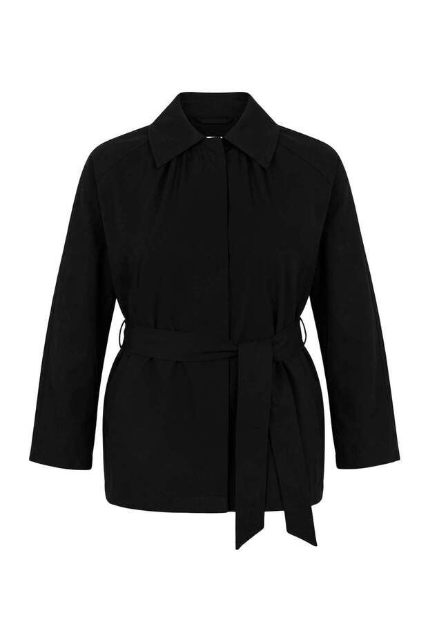 Siyah Oversize Büyük Beden Kuşaklı Kısa Trençkot TWOSS26BM00001 - 5